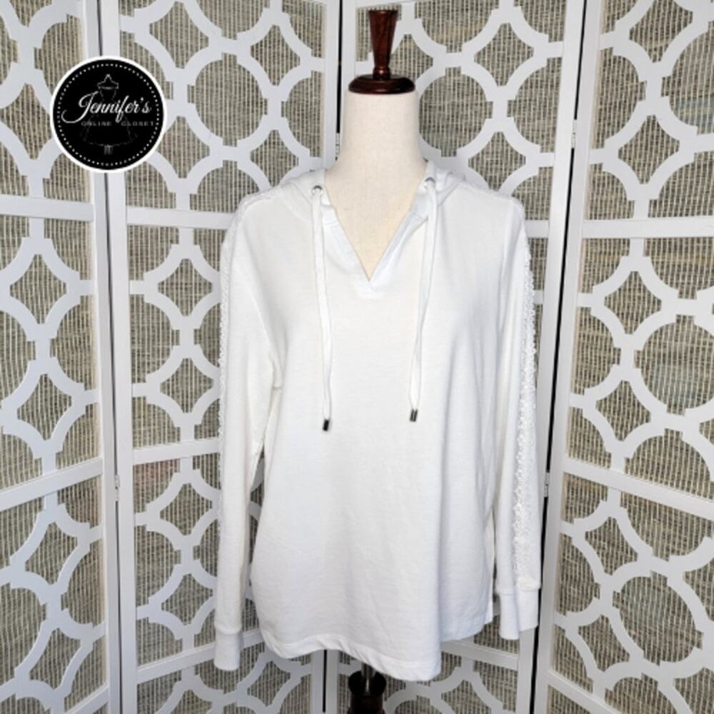 89th & Madison Women's White Lace Detailed Sleeve Hoodie Size M